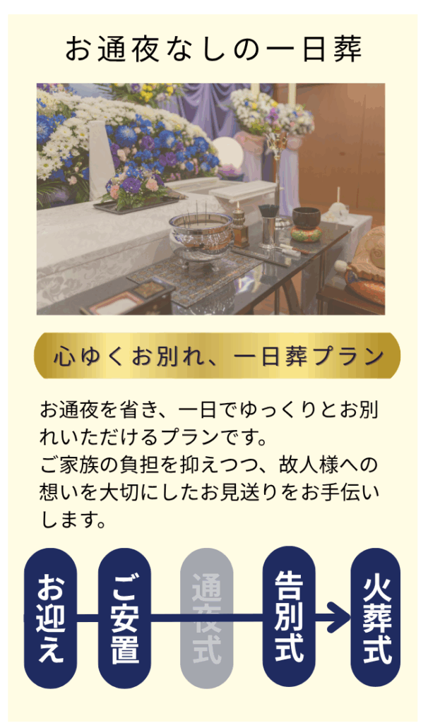 お通夜なしの一日葬のご説明
「心ゆくお別れ、一日葬プラン」
お通夜を省き、一日でゆっくりとお別れいただけるプランです。
ご家族の負担を抑えつつ、故人様への想いを大切にしたお見送りをお手伝いします。