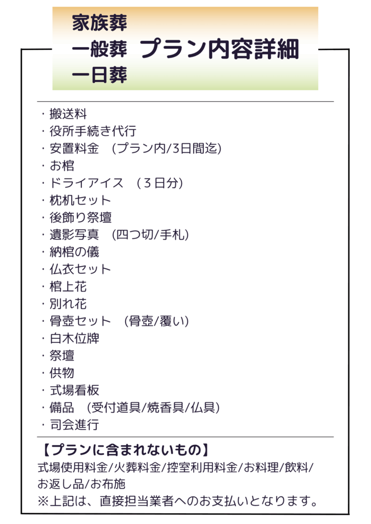 一日葬・家族葬・一般葬プランの内容詳細
